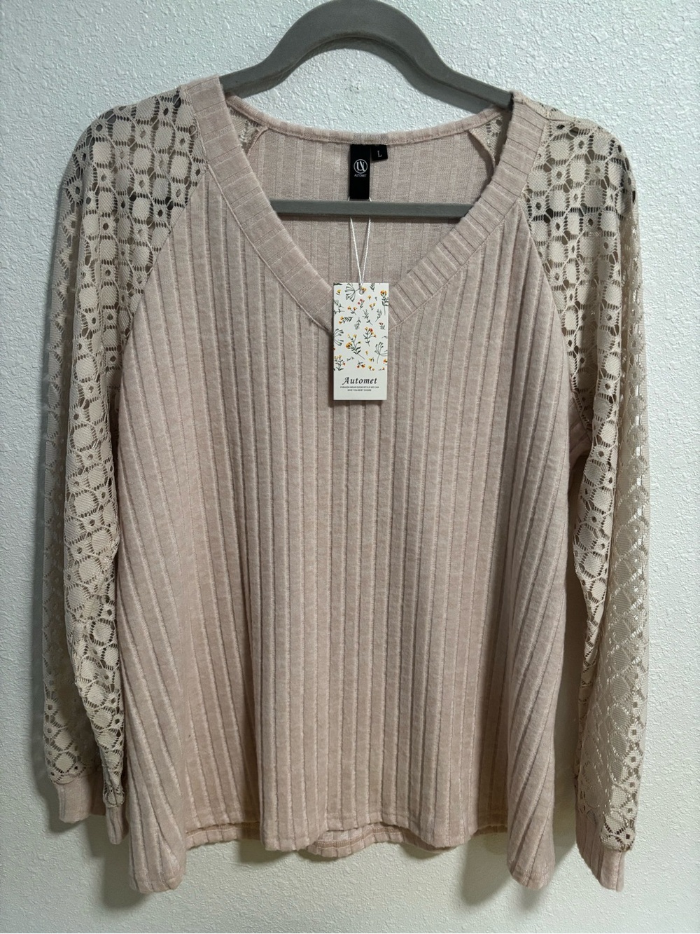 Women's Ribbed V-Neck Sweater with Lace Sleeves - Beige